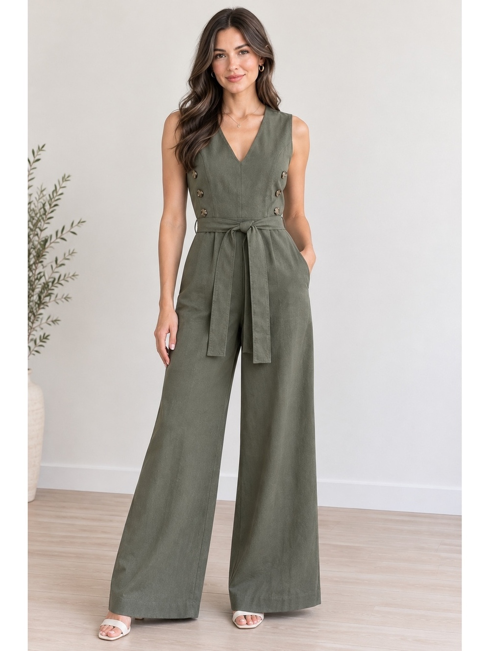 Calvin Klein Olive Green Sleeveless Wide Leg Jumpsuit with Belt Size 10